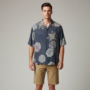 Tugu men's grey colorful Batik button down short sleeve shirt loose fitting sz S